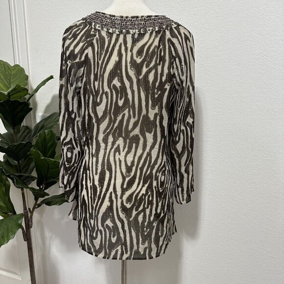 Chico's Women's Animal Print Silk Blend Beaded Sheer Tunic Size 1 Medium Brown - Picture 2 of 10